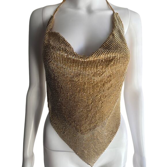 Vintage Y2K Metallic Rhinestone Chainmail Halter Top Gold Mesh One Size - Picture 1 of 6